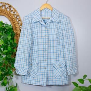 VTG 70s Windowpane Plaid Jacket Pleated Pocket Blazer Mod Preppy | Light Spring